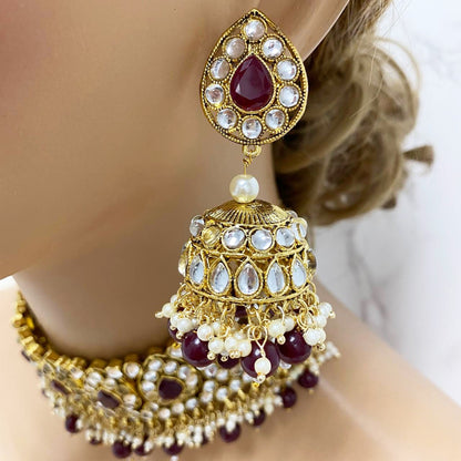 Bridal Ruby Red Choker Kundan Jewelry Set, Red Indian Jewelry Set, Red Hindi Jewelry Set, Bollywood Jewelry Set, Bridal Necklace Earring