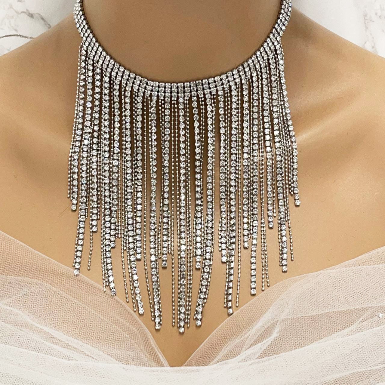 Bridal Jewelry Set, Silver Gold Necklace Set, Fringe Bib Choker Necklace Earrings Set, Ballroom Jewelry, 1920 Inspired Wedding Jewelry