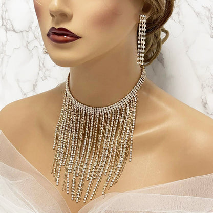 Bridal Jewelry Set, Silver Gold Necklace Set, Fringe Bib Choker Necklace Earrings Set, Ballroom Jewelry, 1920 Inspired Wedding Jewelry