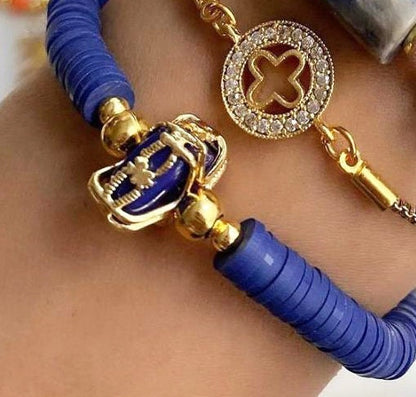 Bohemian Gold Plated Beaded Bracelet Set, Blue Lapis Stone toggle Boho Chic Bracelets, Handmade Layered Bangles, Birthday Gift, Gift for her