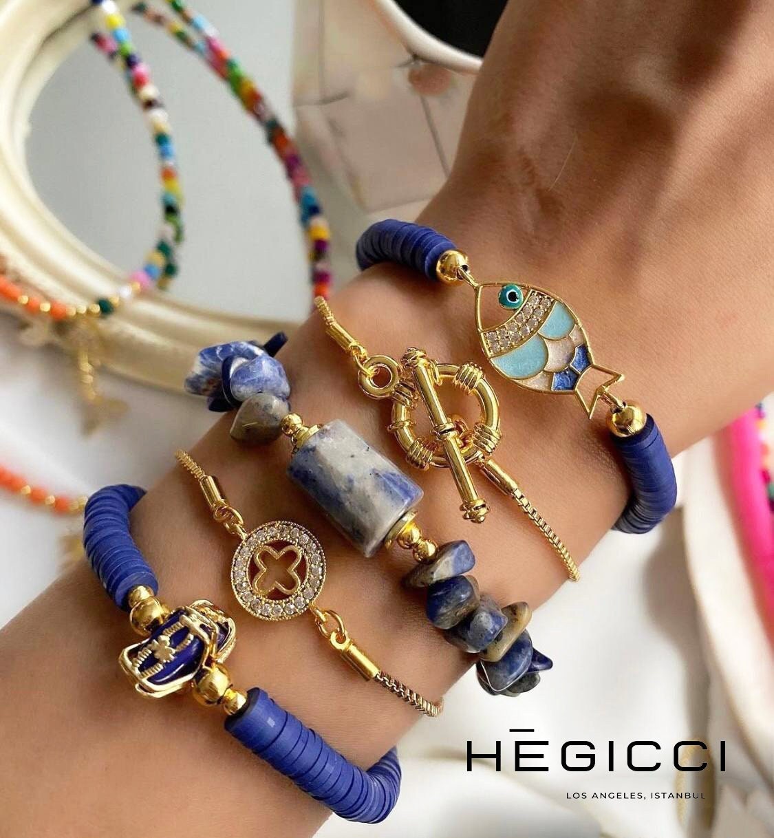 Bohemian Gold Plated Beaded Bracelet Set, Blue Lapis Stone toggle Boho Chic Bracelets, Handmade Layered Bangles, Birthday Gift, Gift for her