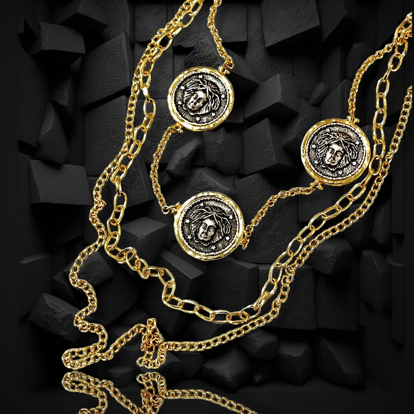 Unique Bohemian Roman Coin Necklace, Gold Coin Medusa Medallion Necklace,Designer Boho chic Layered Gold Plated Chain Necklace, Gift for Her