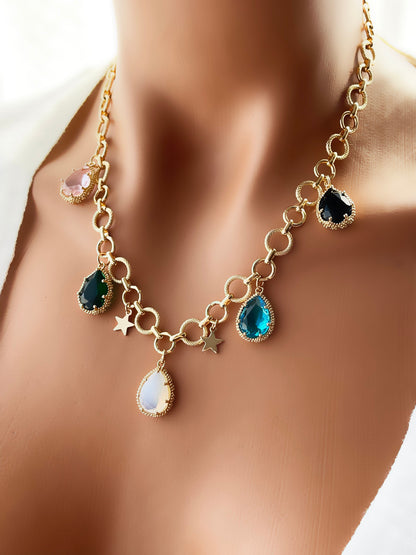 Set of two Layering Necklace Jewelry, Gold Filled Emerald Zircon Necklace Jewelry Set, 18K Gold Filled Chain Necklace, Birthday Gift For Her