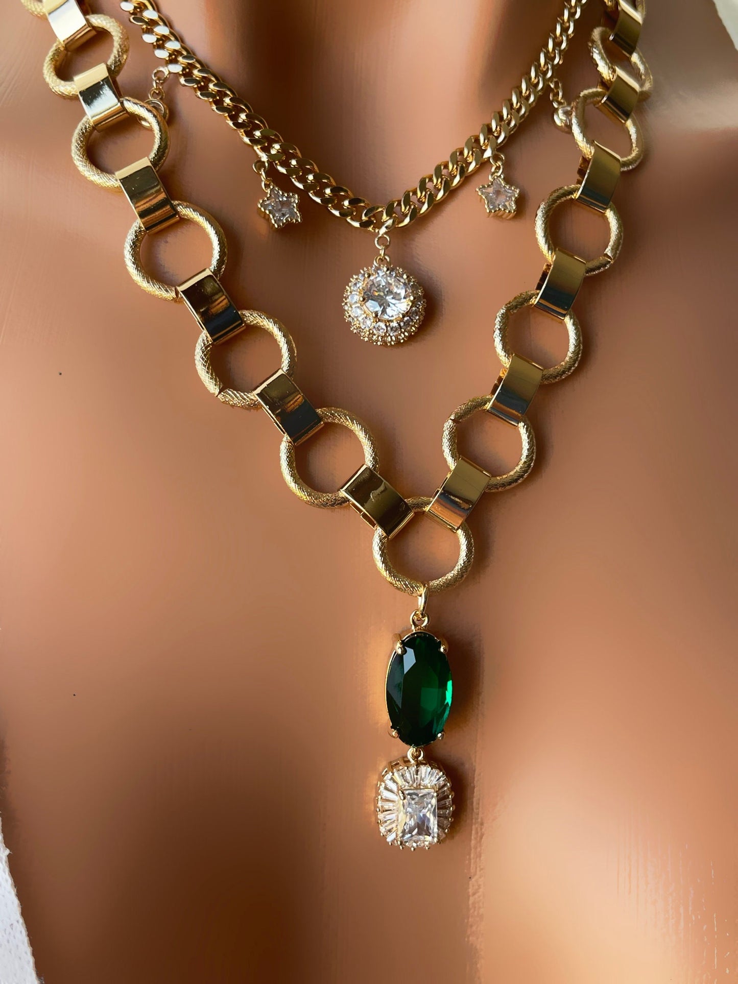 Cubic zircon Pendant Gold Chain Necklace Set, Gold Layered Necklace, Emerald Necklace, Thick Chain Jewelry, Gold filled Layer Jewelry Set