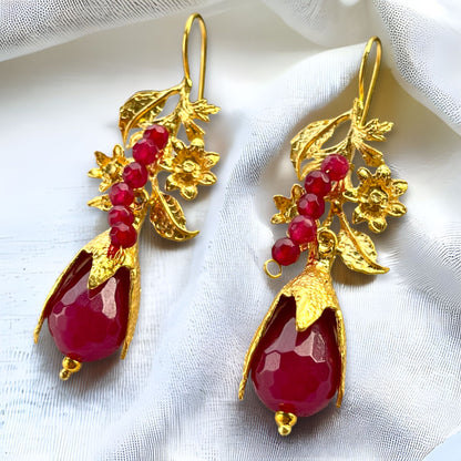 Gold Plated Red Stone Long Earrings, Golden Handmade Floral Dangle Earrings, Red teardrop earrings, Fashion Statement Earrings Jewelry