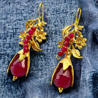 Gold Plated Red Stone Long Earrings, Golden Handmade Floral Dangle Earrings, Red teardrop earrings, Fashion Statement Earrings Jewelry