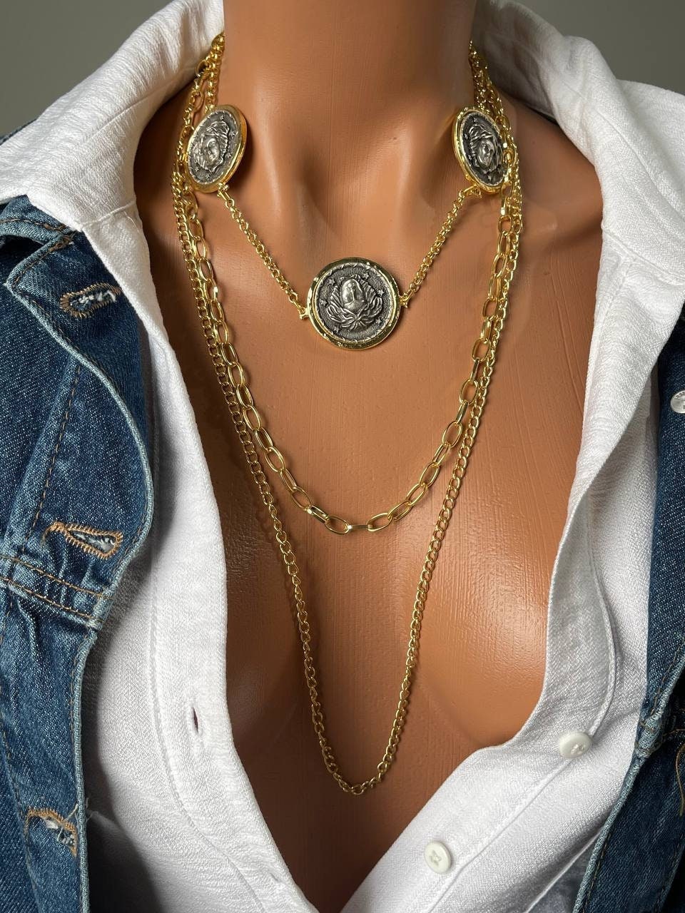 Unique Bohemian Roman Coin Necklace, Gold Coin Medusa Medallion Necklace,Designer Boho chic Layered Gold Plated Chain Necklace, Gift for Her