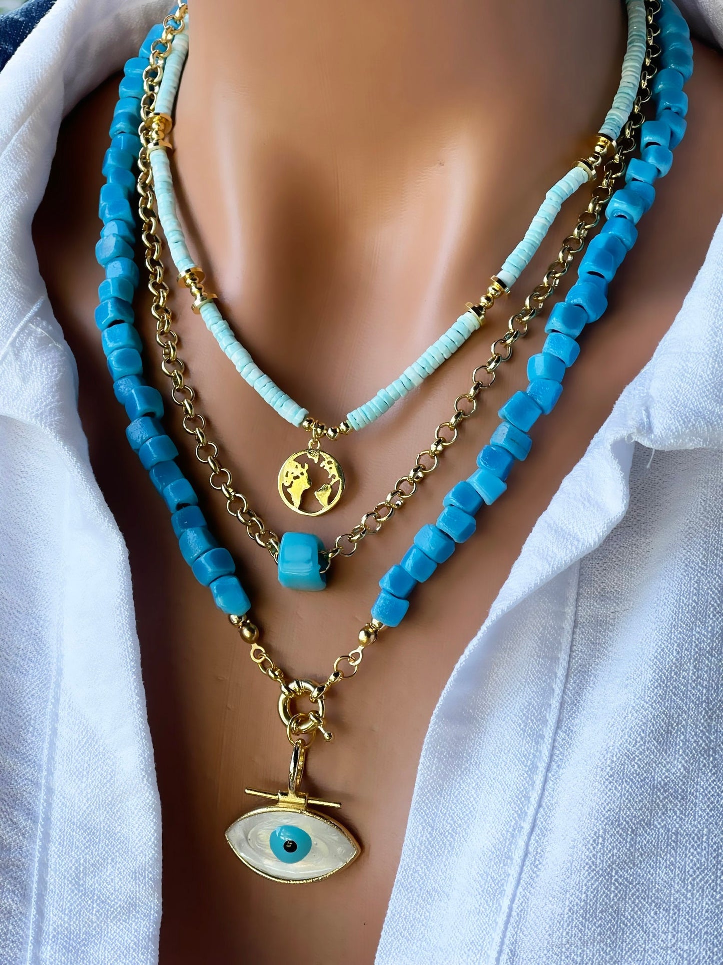 Blue Stone Toggle Necklace Pendant Jewelry Set,  Blue Evil Eye Layered Gold Plated Chain Necklace Set, Turquoise Layer Necklace