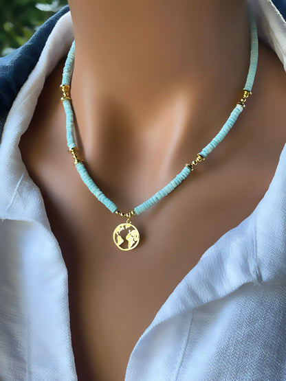 Blue Stone Toggle Necklace Pendant Jewelry Set,  Blue Evil Eye Layered Gold Plated Chain Necklace Set, Turquoise Layer Necklace