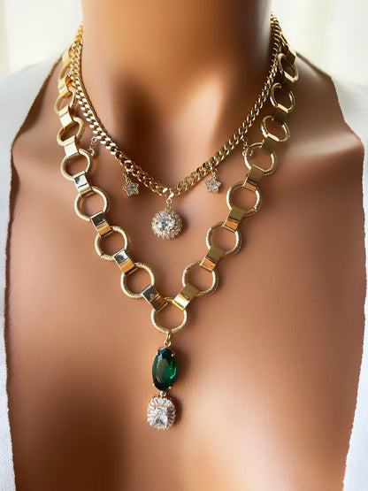 Cubic zircon Pendant Gold Chain Necklace Set, Gold Layered Necklace, Emerald Necklace, Thick Chain Jewelry, Gold filled Layer Jewelry Set