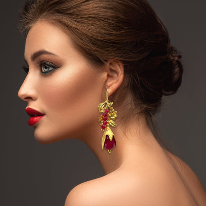 Gold Plated Red Stone Long Earrings, Golden Handmade Floral Dangle Earrings, Red teardrop earrings, Fashion Statement Earrings Jewelry