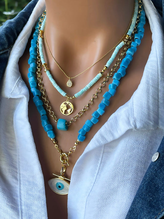 Blue Stone Toggle Necklace Pendant Jewelry Set,  Blue Evil Eye Layered Gold Plated Chain Necklace Set, Turquoise Layer Necklace