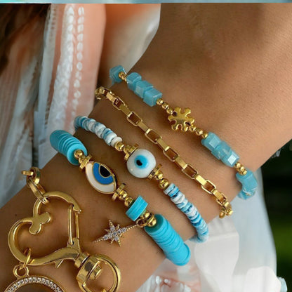 Bohemian Gold Plated Beaded Bracelet Set, Blue Stone Evil Eye Bracelet, Handmade God Charm Bracelet Jewelry, Layered Bangles, Gift for her