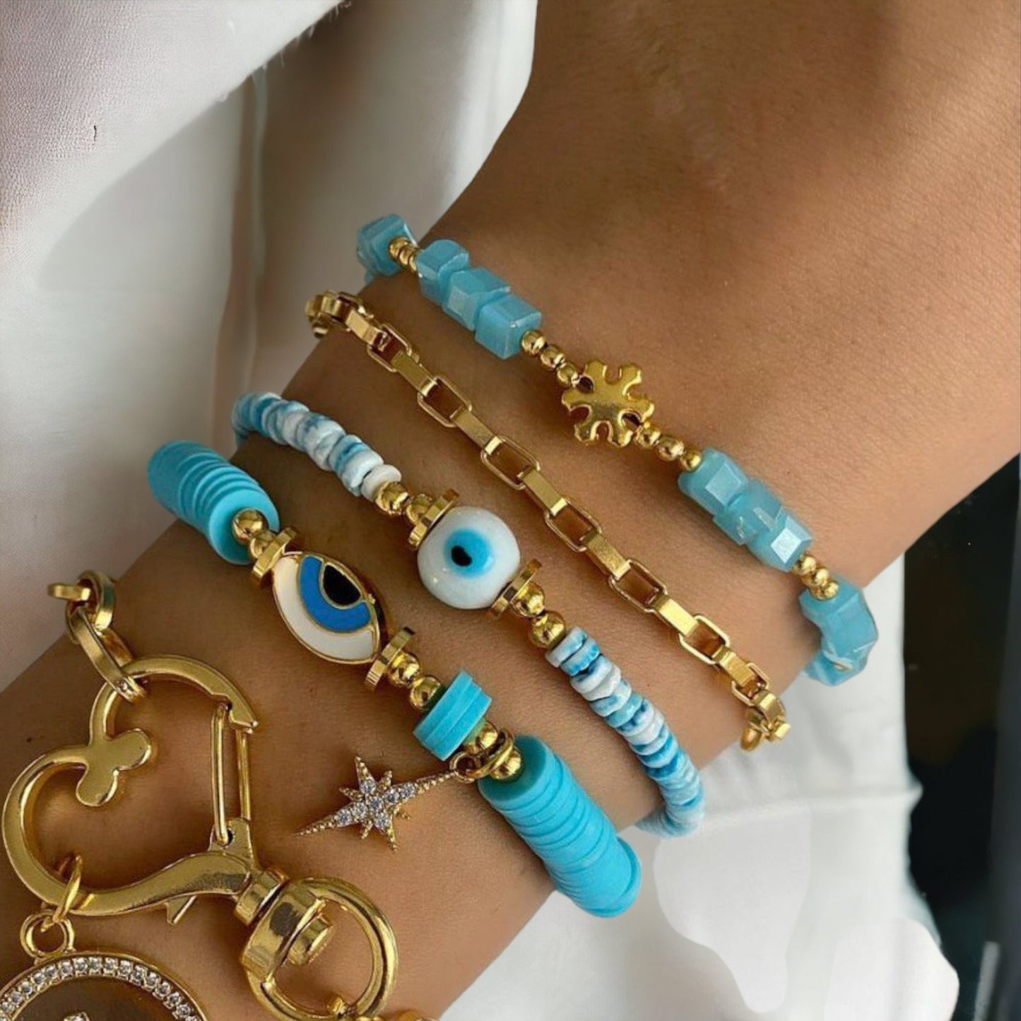 Bohemian Gold Plated Beaded Bracelet Set, Blue Stone Evil Eye Bracelet, Handmade God Charm Bracelet Jewelry, Layered Bangles, Gift for her