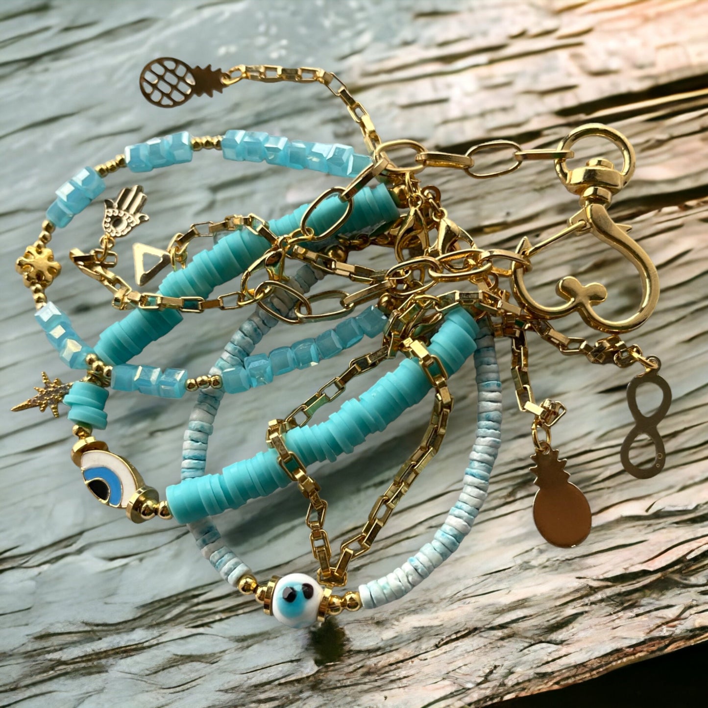 Bohemian Gold Plated Beaded Bracelet Set, Blue Stone Evil Eye Bracelet, Handmade God Charm Bracelet Jewelry, Layered Bangles, Gift for her