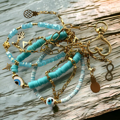 Bohemian Gold Plated Beaded Bracelet Set, Blue Stone Evil Eye Bracelet, Handmade God Charm Bracelet Jewelry, Layered Bangles, Gift for her