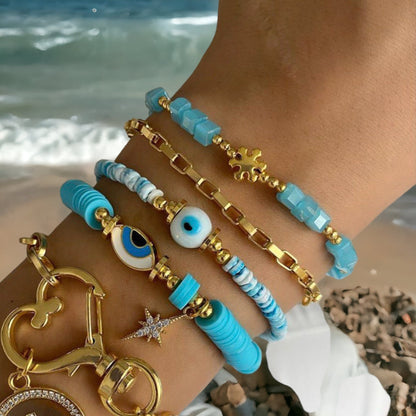 Bohemian Gold Plated Beaded Bracelet Set, Blue Stone Evil Eye Bracelet, Handmade God Charm Bracelet Jewelry, Layered Bangles, Gift for her