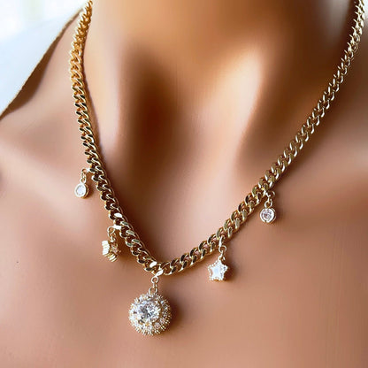 Cubic zircon Pendant Gold Chain Necklace Set, Gold Layered Necklace, Emerald Necklace, Thick Chain Jewelry, Gold filled Layer Jewelry Set