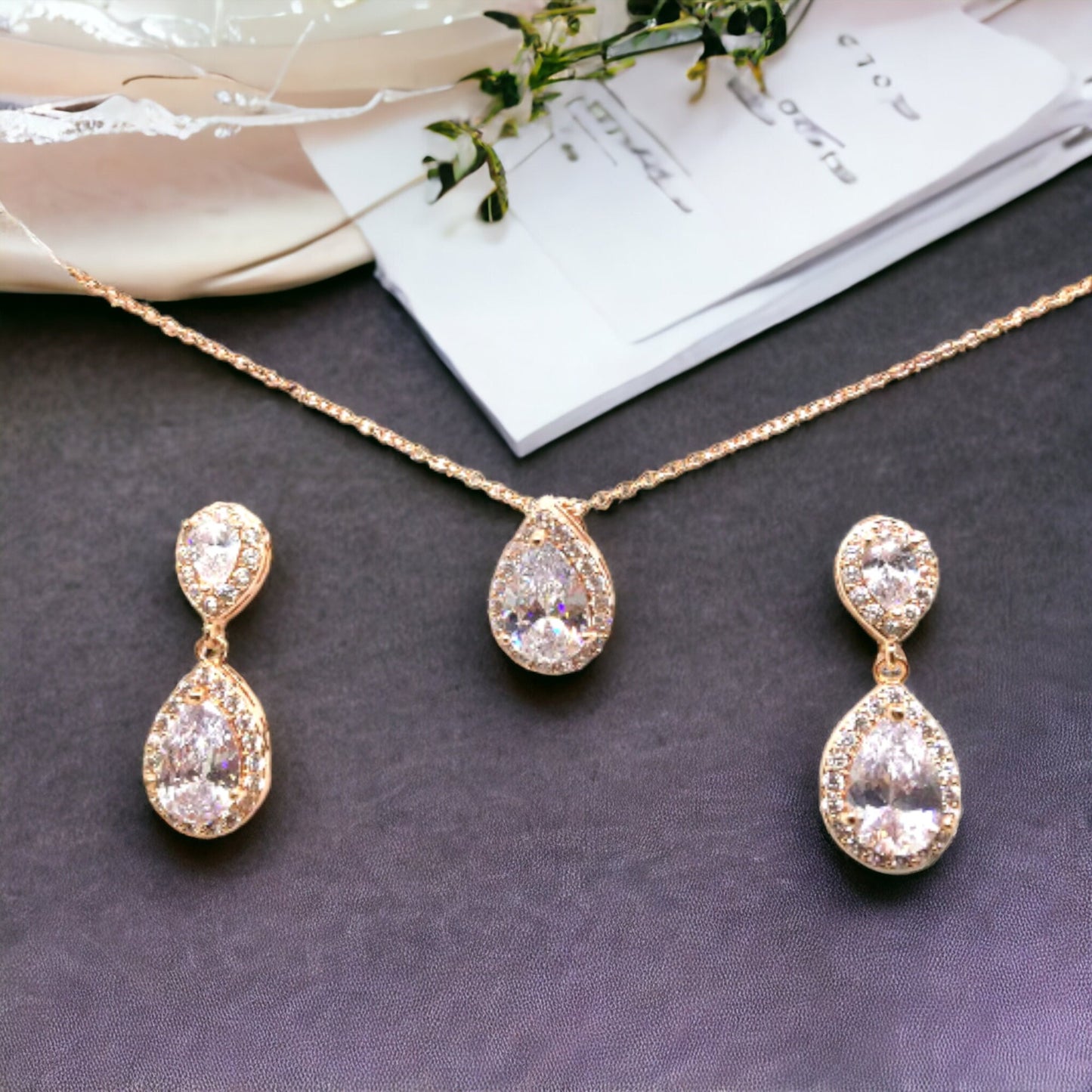 Bridal jewelry set, Bridesmaid jewelry gift set, wedding necklace earrings, Rose gold, Gold, Silver Cubic Zircon necklace earrings jewelry