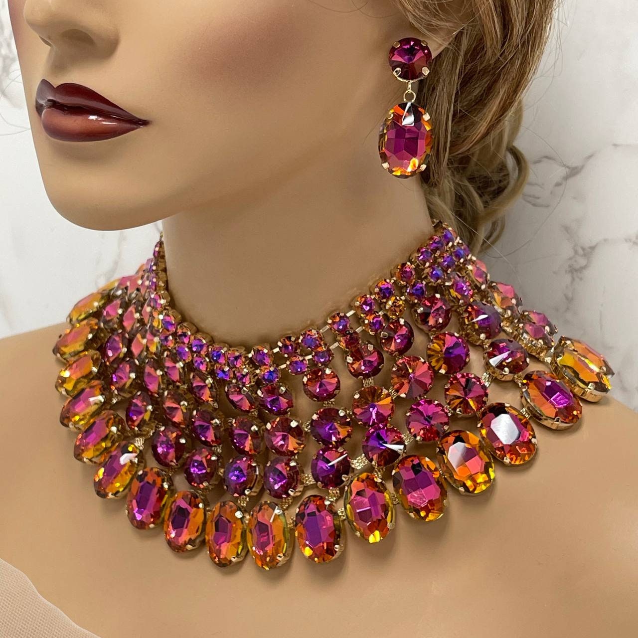 Bridal Jewelry Necklace Earrings Set, Pink Purple AB Stones Ballroom Jewelry, Wedding Jewelry, Gold Chunky Crystal Bib Necklace Statement