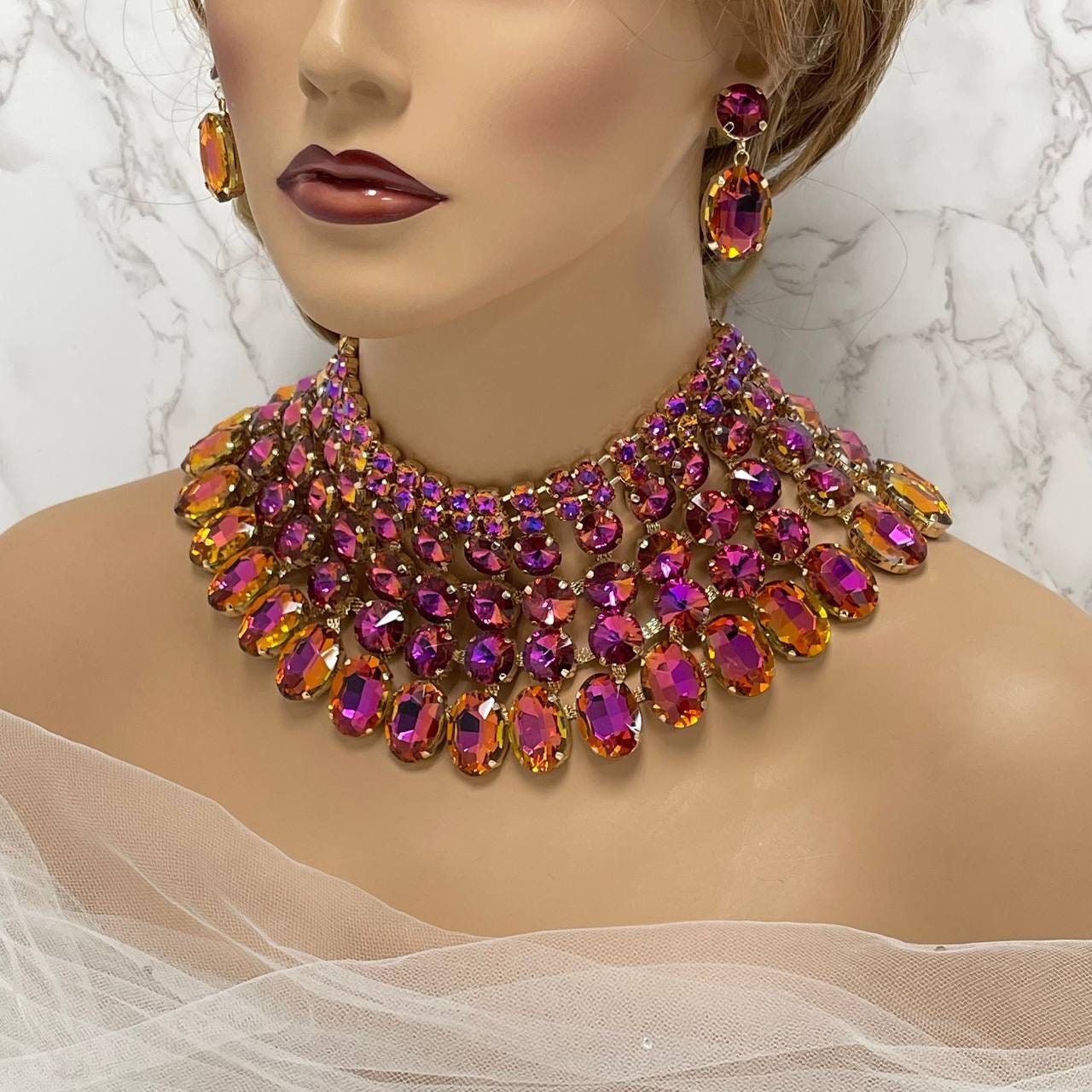 Bridal Jewelry Necklace Earrings Set, Pink Purple AB Stones Ballroom Jewelry, Wedding Jewelry, Gold Chunky Crystal Bib Necklace Statement