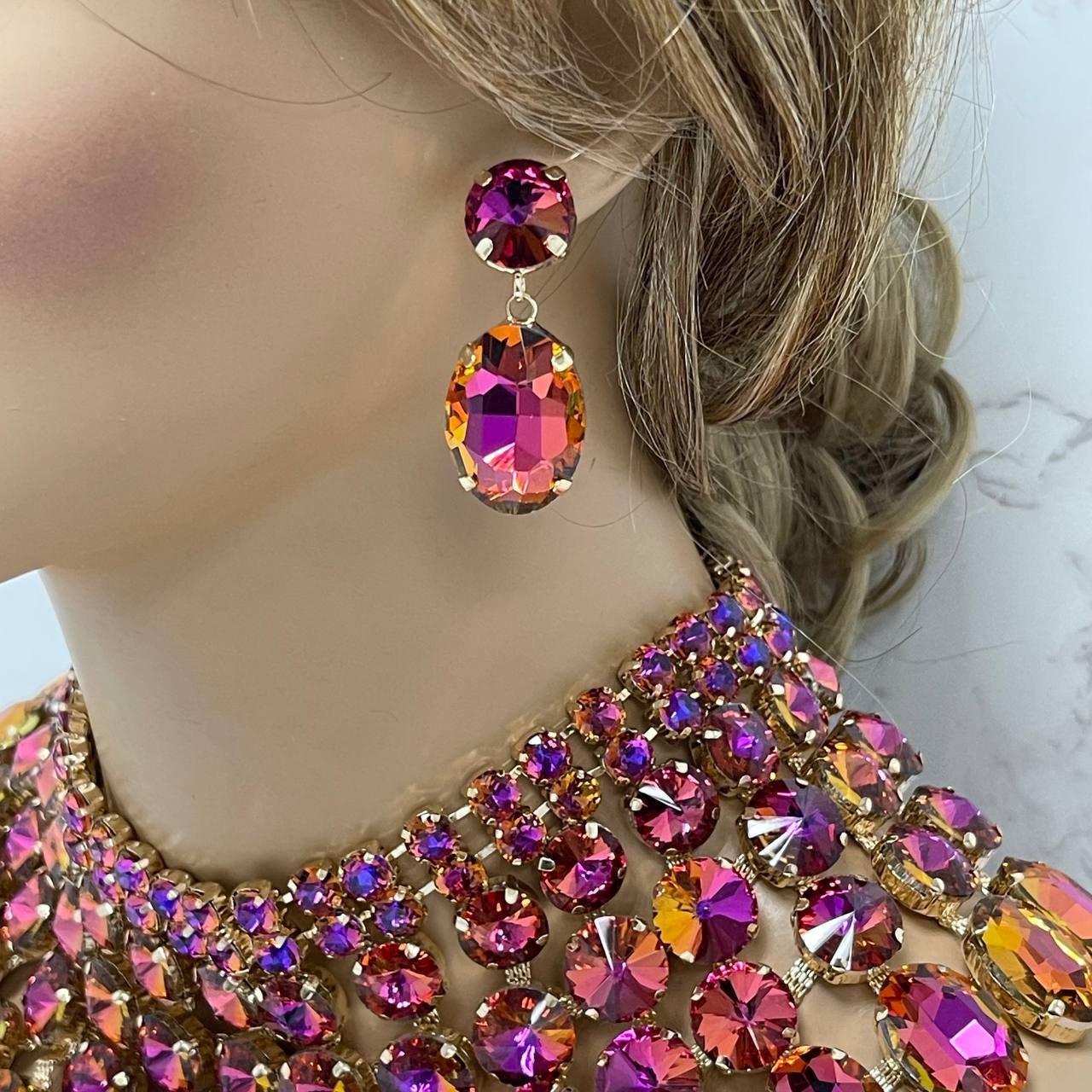 Bridal Jewelry Necklace Earrings Set, Pink Purple AB Stones Ballroom Jewelry, Wedding Jewelry, Gold Chunky Crystal Bib Necklace Statement