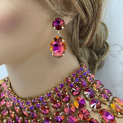 Bridal Jewelry Necklace Earrings Set, Pink Purple AB Stones Ballroom Jewelry, Wedding Jewelry, Gold Chunky Crystal Bib Necklace Statement