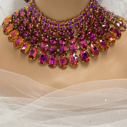 Bridal Jewelry Necklace Earrings Set, Pink Purple AB Stones Ballroom Jewelry, Wedding Jewelry, Gold Chunky Crystal Bib Necklace Statement