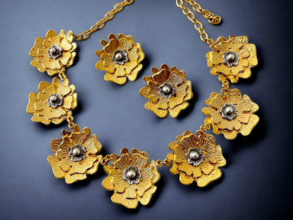 Stunning Unique Gold Plated Flower Necklace Earrings Jewelry Set , Rare Design Chunky Jewelry Set, Handmade Birthday Gift, Gift for Her