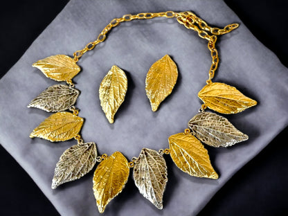 Handmade Gold Plated Leaf Necklace Earrings Set, Gold Statement, Modern Chunky Bohemian Jewelry Set, Personalized Birthday Gift for Her