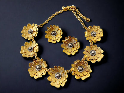 Stunning Unique Gold Plated Flower Necklace Earrings Jewelry Set , Rare Design Chunky Jewelry Set, Handmade Birthday Gift, Gift for Her