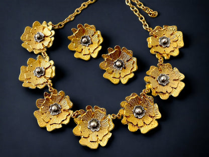 Stunning Unique Gold Plated Flower Necklace Earrings Jewelry Set , Rare Design Chunky Jewelry Set, Handmade Birthday Gift, Gift for Her