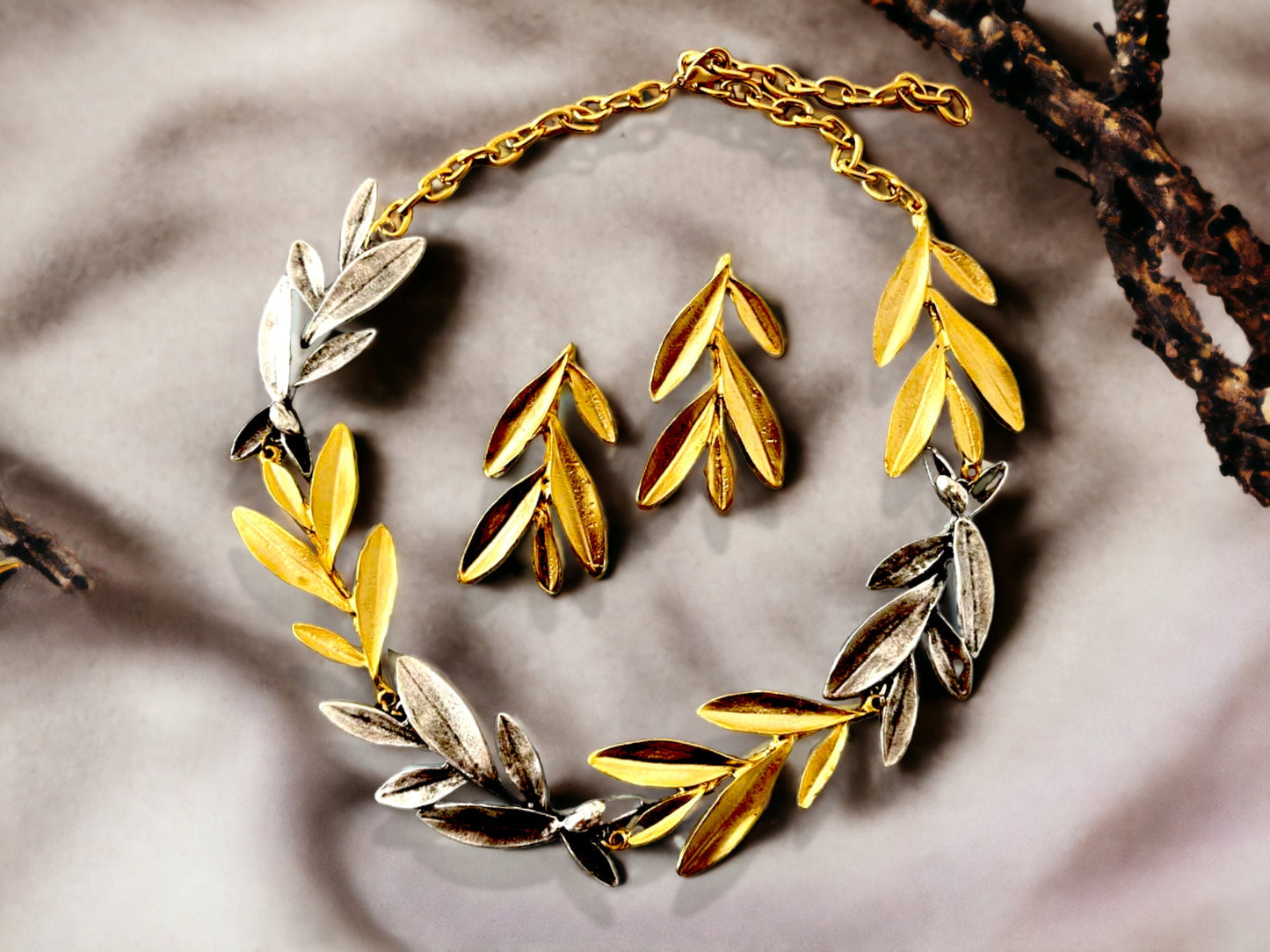 Gold Plated Olive Leaf Jewelry Set, Necklace earrings set, Bohemian Gold Silver Statement Choker Necklace Set, Unique Personalized Gift