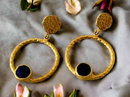 Gold Hoop Earrings, Natural Dark Blue Stone Earrings, Byzantine Roman Earrings, Minimalist Matte Gold Handmade Geometric Earrings Jewelry