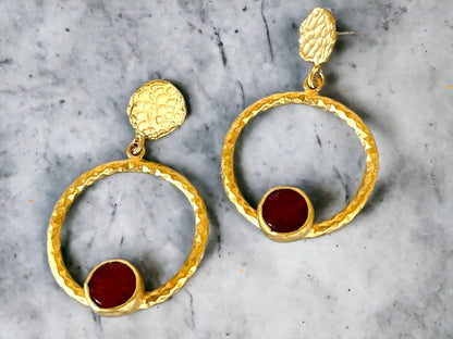 Gold Hoop Earrings, Natural Red Stone Earrings, Byzantine earrings,Roman Earrings, Minimalist Matte Gold Handmade Geometric Earrings Jewelry