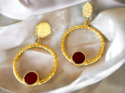 Gold Hoop Earrings, Natural Red Stone Earrings, Byzantine earrings,Roman Earrings, Minimalist Matte Gold Handmade Geometric Earrings Jewelry