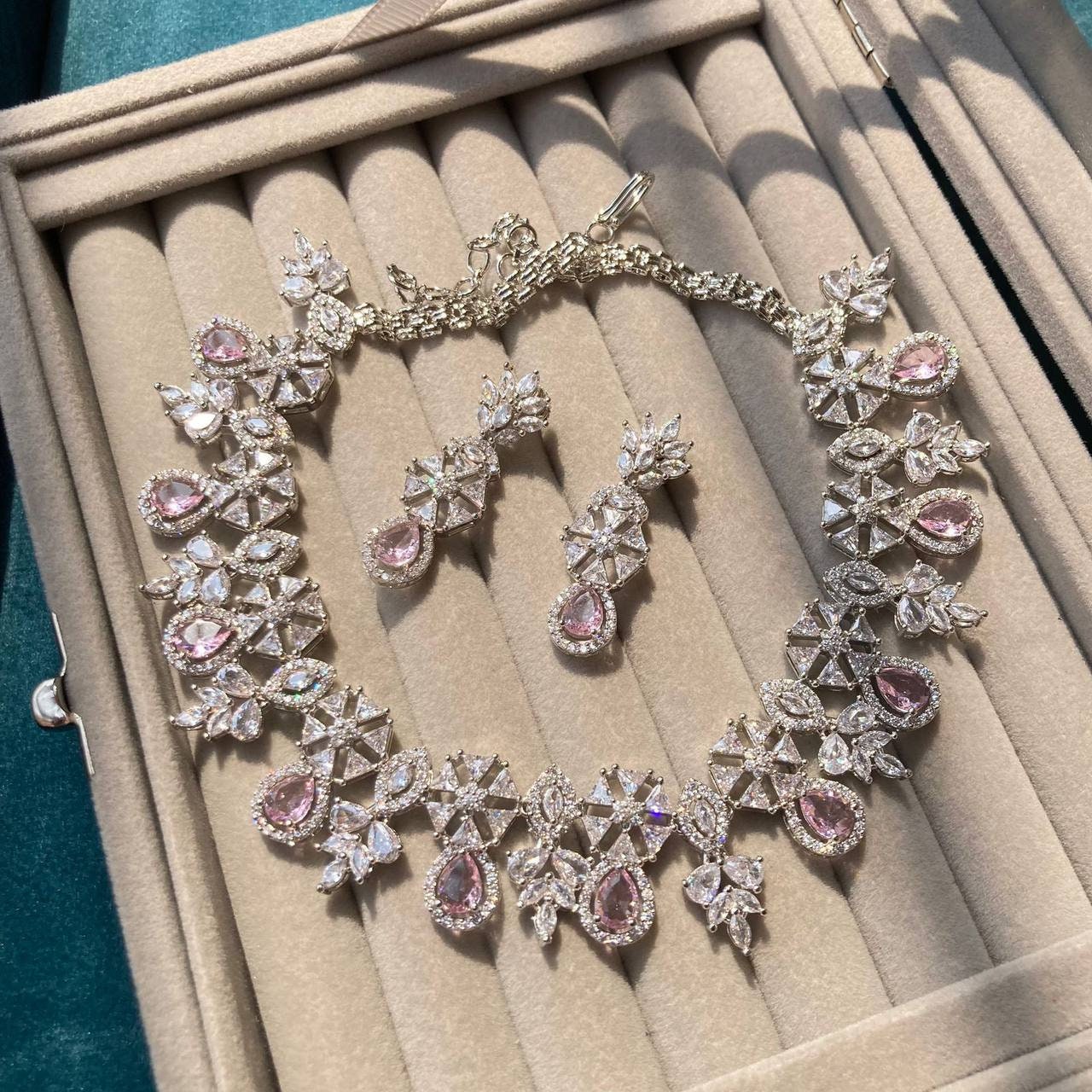 Bridal Jewelry Set, Pink Cubic Zirconia Necklace Choker Earrings Jewelry Set, Wedding Jewelry, Mother of The Groom & Bride Jewelry Set