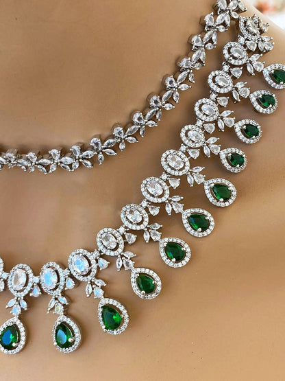 Bridal Jewelry Set, Two layered Emerald Green Marquise Cubic Zirconia Necklace Choker Earrings Jewelry Set, Wedding Jewelry, Gift For Her