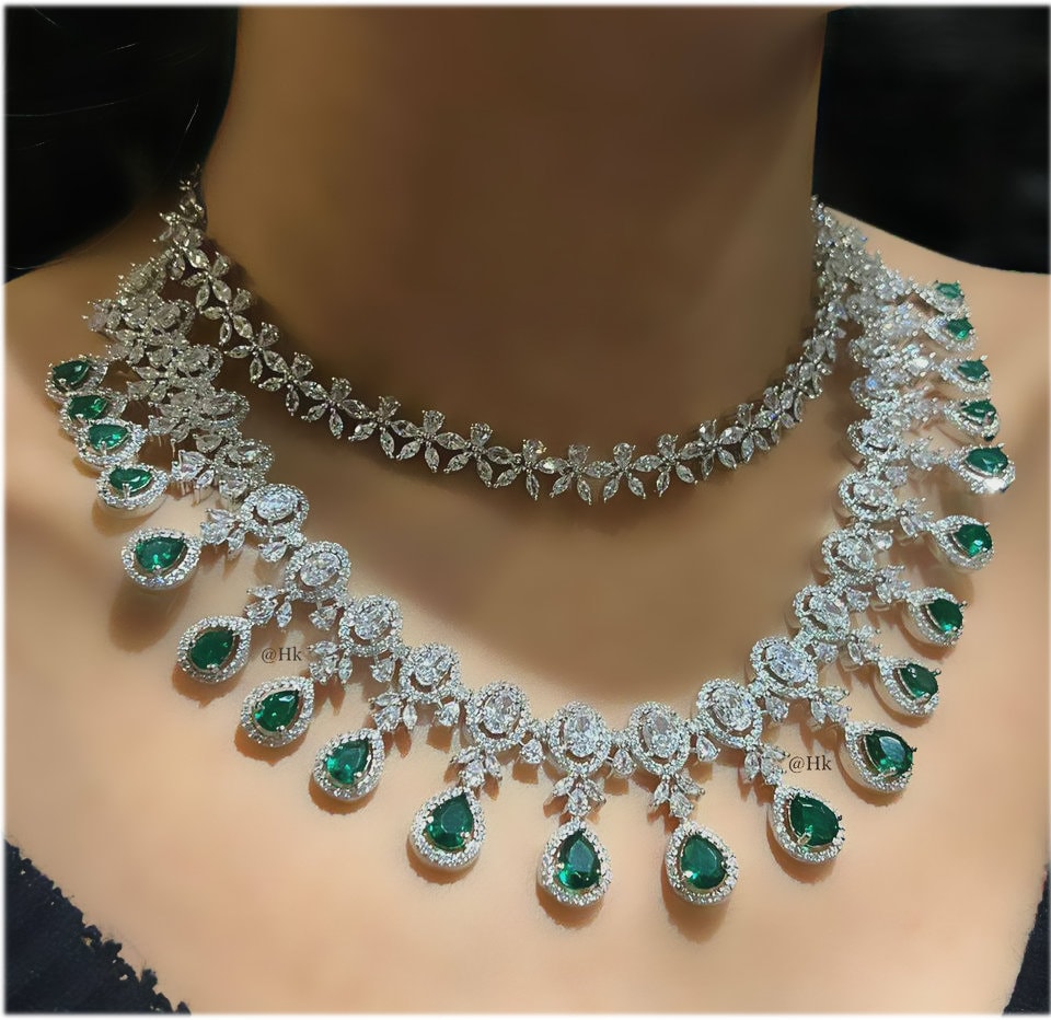 Bridal Jewelry Set, Two layered Emerald Green Marquise Cubic Zirconia Necklace Choker Earrings Jewelry Set, Wedding Jewelry, Gift For Her