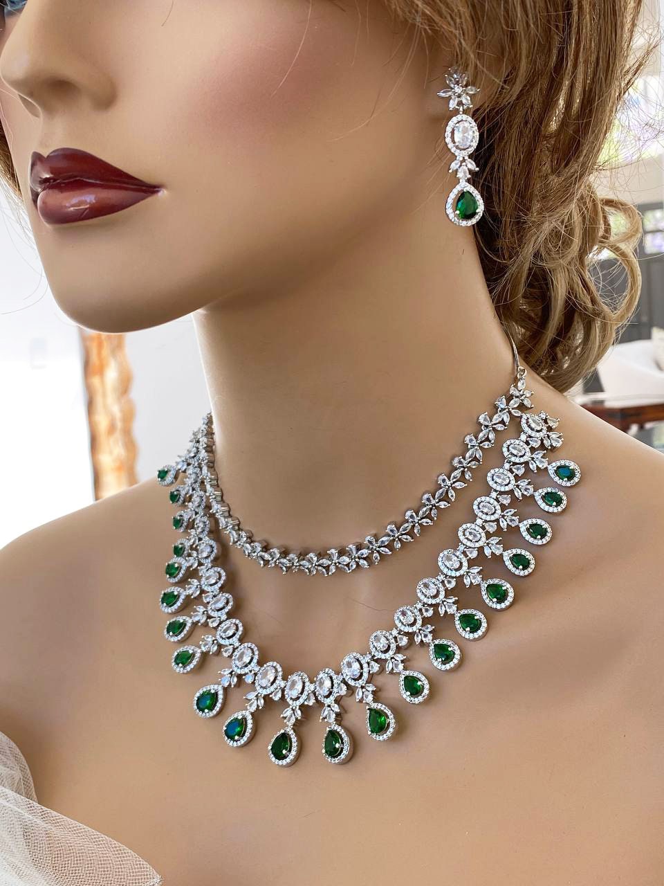 Bridal Jewelry Set, Two layered Emerald Green Marquise Cubic Zirconia Necklace Choker Earrings Jewelry Set, Wedding Jewelry, Gift For Her