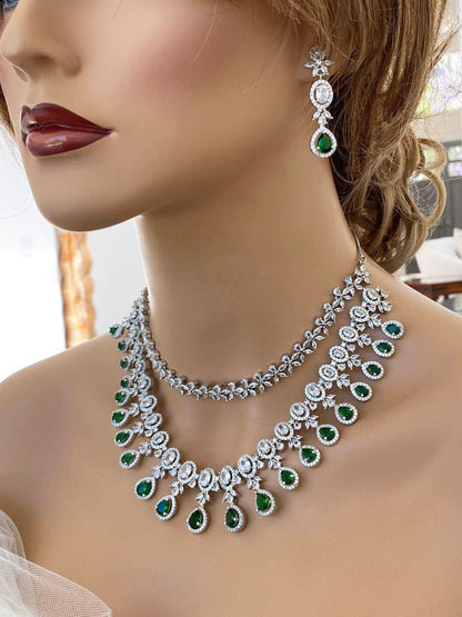 Bridal Jewelry Set, Two layered Emerald Green Marquise Cubic Zirconia Necklace Choker Earrings Jewelry Set, Wedding Jewelry, Gift For Her