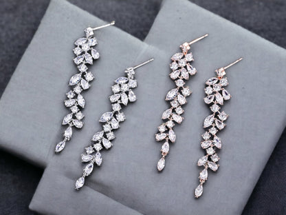 Rose Gold Leaf Bridal Earrings, Jewelry for Bride Bridesmaid Earrings Jewelry, Silver Bridal Earrings, CZ Drop Earrings, Wedding Jewelry