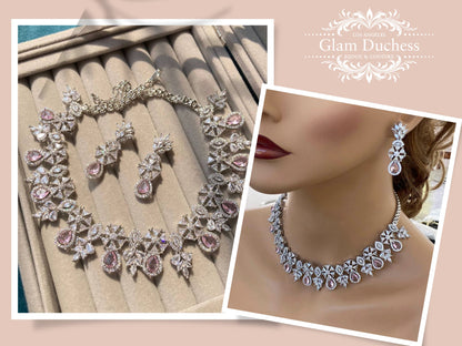 Bridal Jewelry Set, Pink Cubic Zirconia Necklace Choker Earrings Jewelry Set, Wedding Jewelry, Mother of The Groom & Bride Jewelry Set