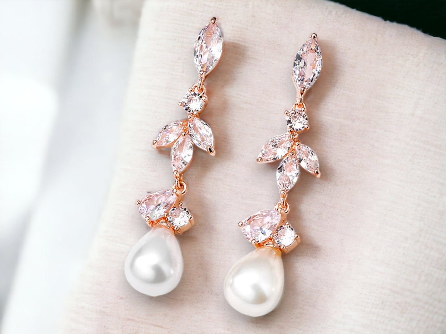 Bridal Earrings, Cubic Zirconia Wedding Bridesmaid Earrings, Rose Gold Bridal Earrings, Pearl Leaf Drop Earrings, Jewelry for Bride