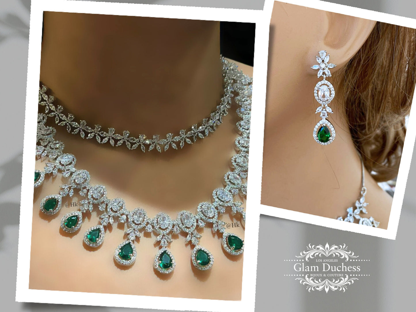 Bridal Jewelry Set, Two layered Emerald Green Marquise Cubic Zirconia Necklace Choker Earrings Jewelry Set, Wedding Jewelry, Gift For Her