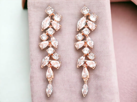 Rose Gold Leaf Bridal Earrings, Jewelry for Bride Bridesmaid Earrings Jewelry, Silver Bridal Earrings, CZ Drop Earrings, Wedding Jewelry