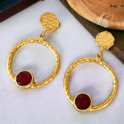 Gold Hoop Earrings, Natural Red Stone Earrings, Byzantine earrings,Roman Earrings, Minimalist Matte Gold Handmade Geometric Earrings Jewelry