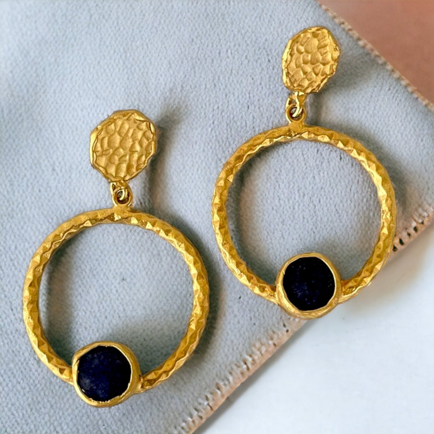 Gold Hoop Earrings, Natural Dark Blue Stone Earrings, Byzantine Roman Earrings, Minimalist Matte Gold Handmade Geometric Earrings Jewelry