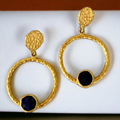 Gold Hoop Earrings, Natural Dark Blue Stone Earrings, Byzantine Roman Earrings, Minimalist Matte Gold Handmade Geometric Earrings Jewelry