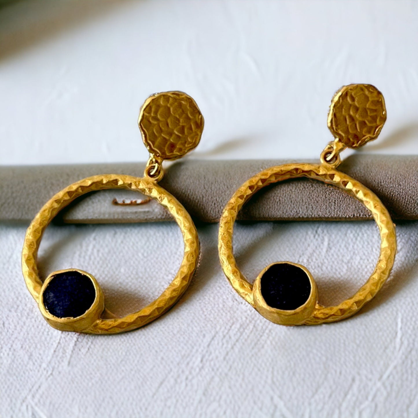 Gold Hoop Earrings, Natural Dark Blue Stone Earrings, Byzantine Roman Earrings, Minimalist Matte Gold Handmade Geometric Earrings Jewelry